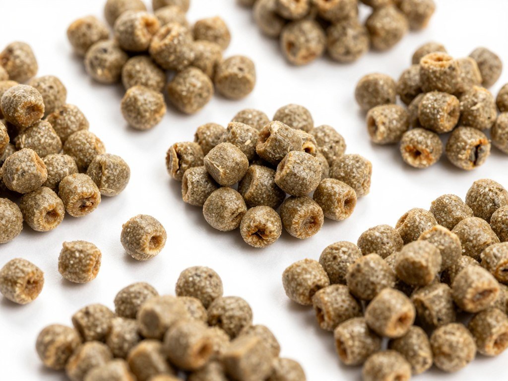 Feed pellets of various sizes for different livestock animals