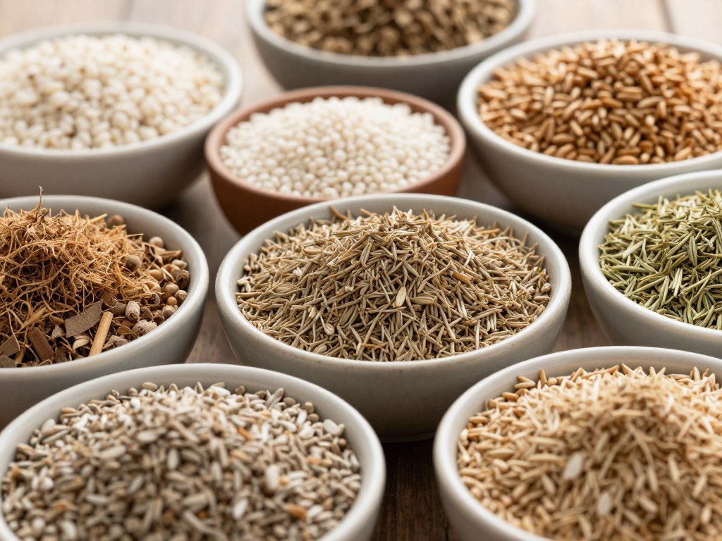 Fiber-rich feed ingredients including rice hulls and wheat middlings