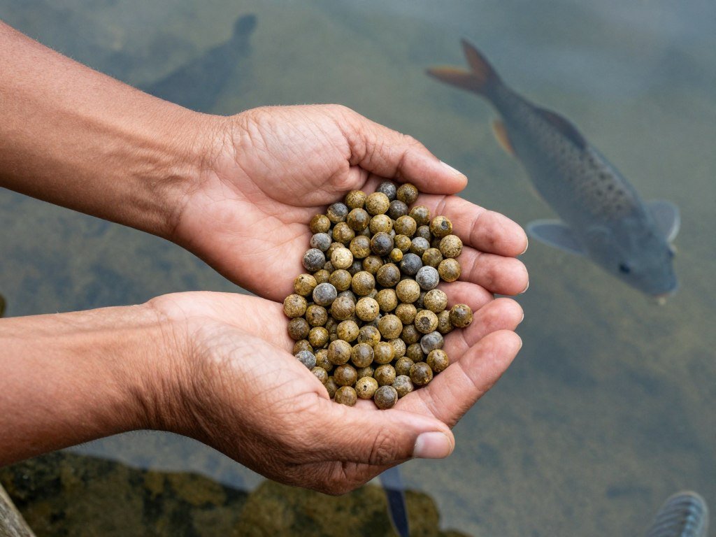 Filipino aquaculture farm owner examining fish feed pellets quality