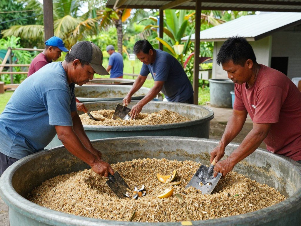 Filipino workers manually mixing fish feed ingredients in traditional method