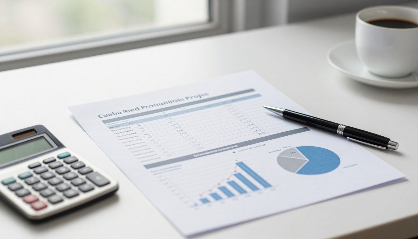 Financial planning documents and calculator showing cattle feed production line investment breakdown