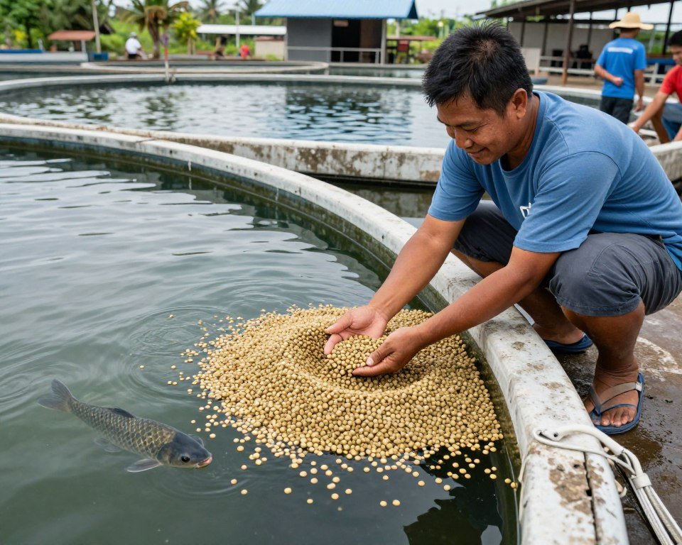 Fish farm owner using own-produced aqua feed