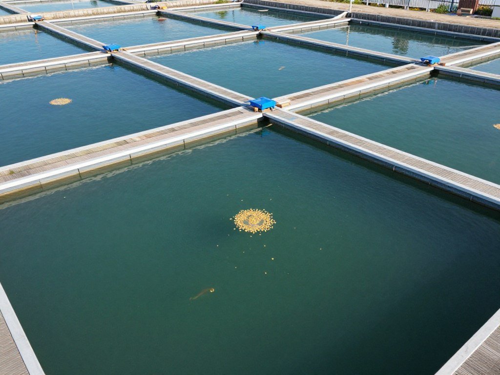 Fish farm ponds with aquatic feed pellets floating on water