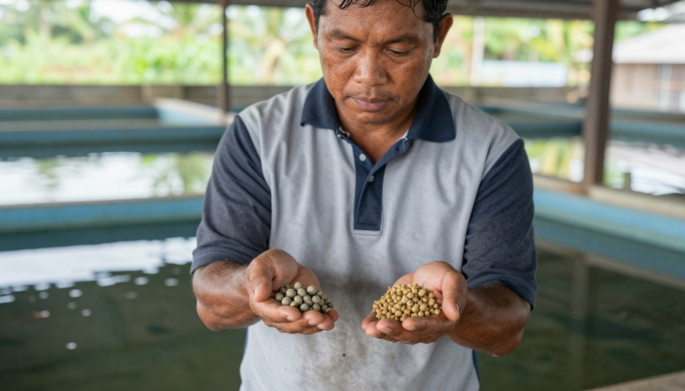 Fish farmer examining feed quality samples from production line