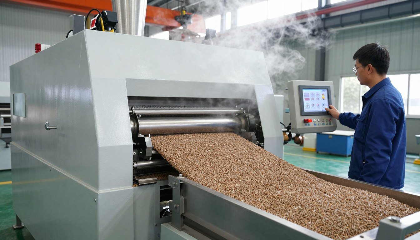Fish feed pellet extruder in full production