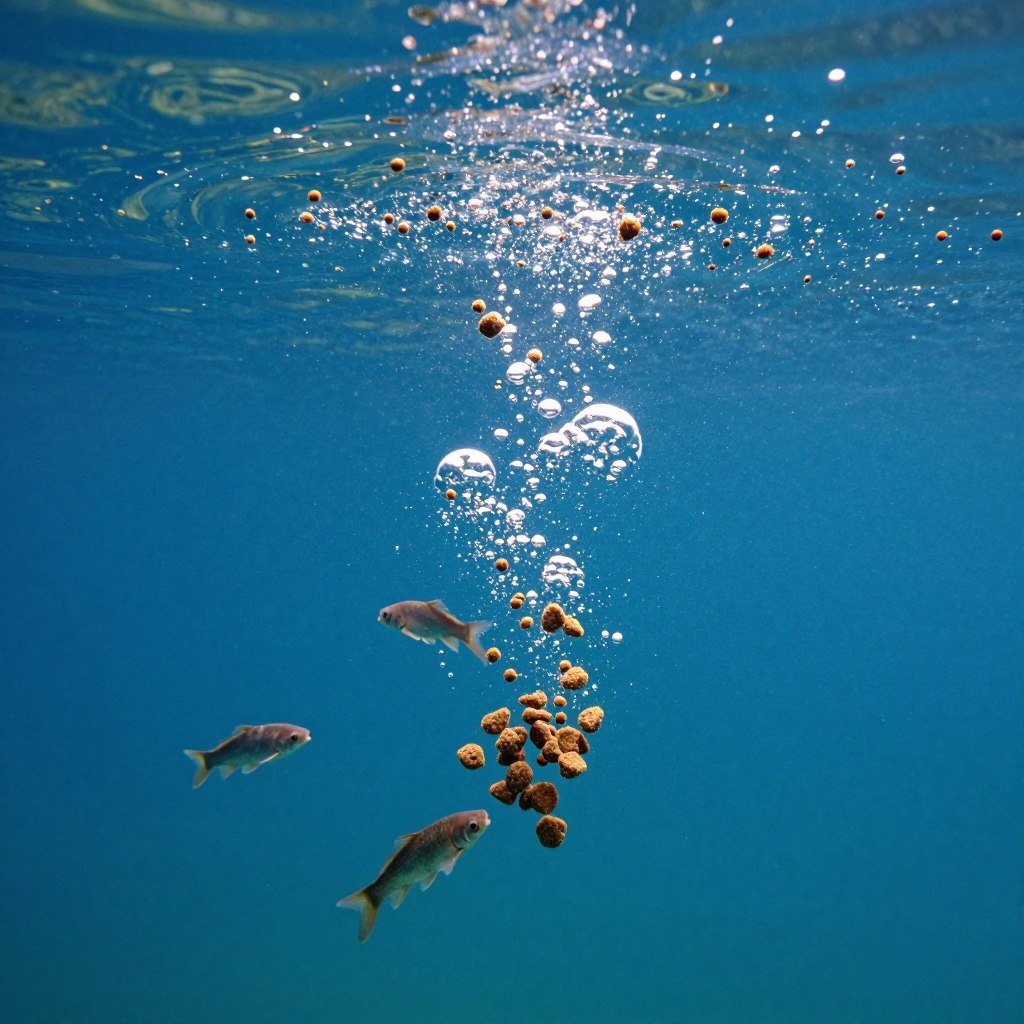 Fish feed pellets floating in water