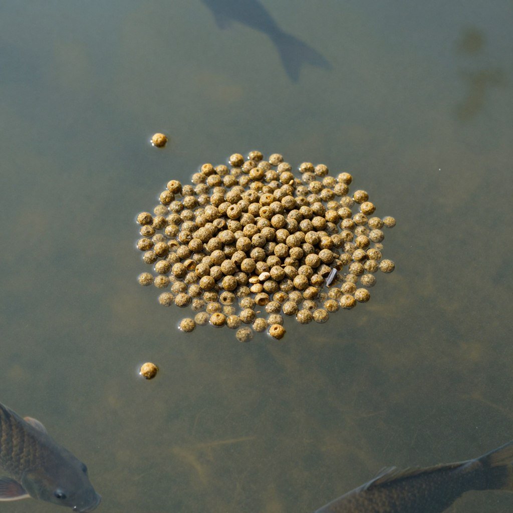 Fish feed pellets floating in water demonstrating quality