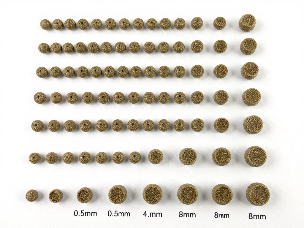 Fish feed pellets in different sizes for various tilapia growth stages
