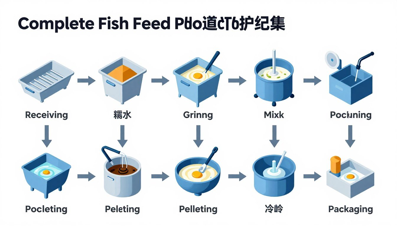 Fish feed production process flow diagram showing all stages from raw materials to finished product