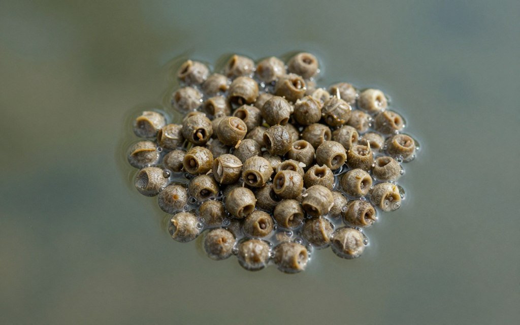 Floating bangus milkfish feed pellets on water surface