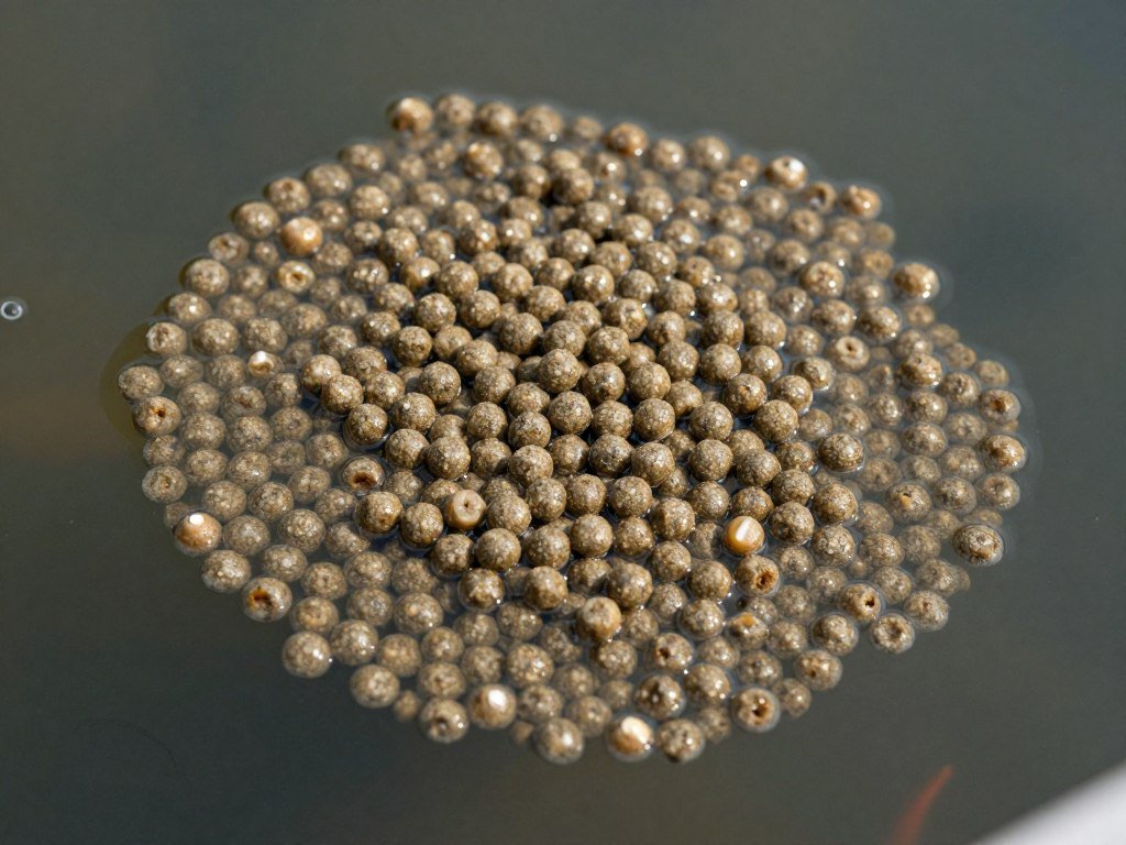 Floating extruded fish feed pellets on water surface demonstrating buoyancy