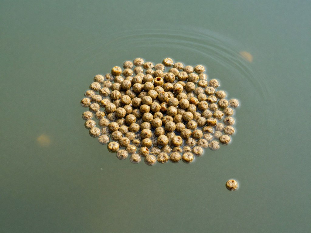 Floating fish feed pellets in water