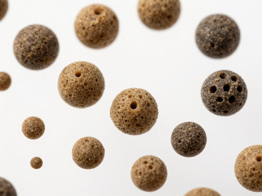 Floating fish feed pellets of various sizes displayed showing texture and buoyancy characteristics