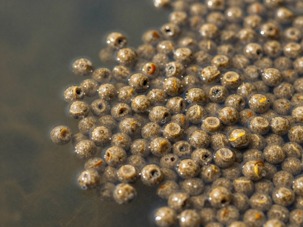 Floating fish feed pellets on water surface