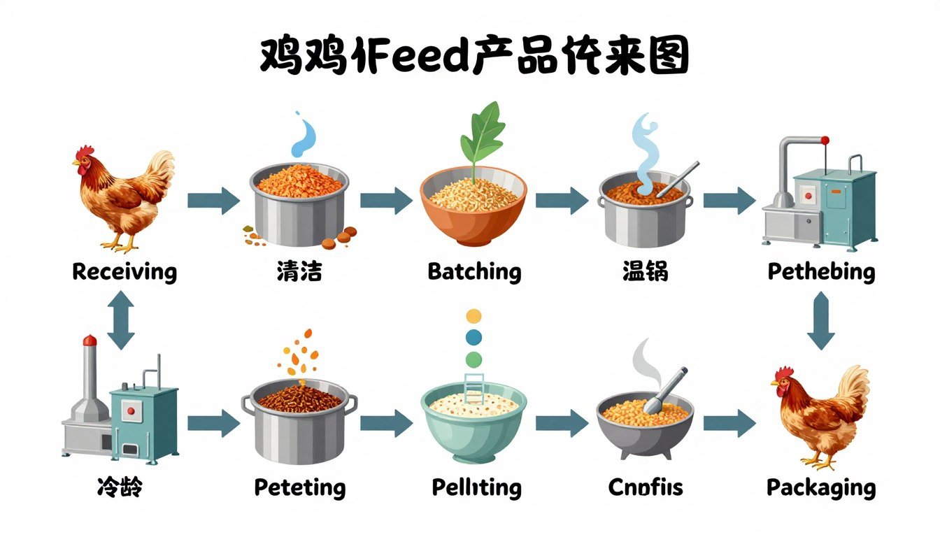Flow chart diagram showing complete chicken feed production process from raw materials to packaging Flow chart diagram showing complete chicken feed production process from raw materials to packaging