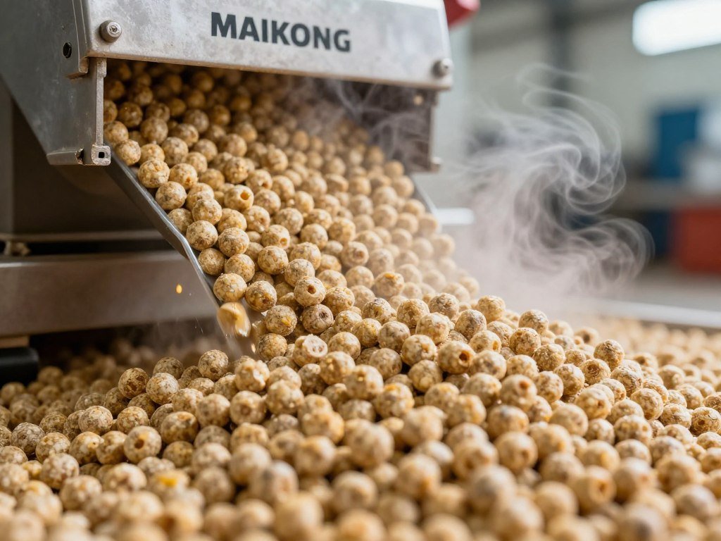 Fresh chicken feed pellets being discharged from pellet machine