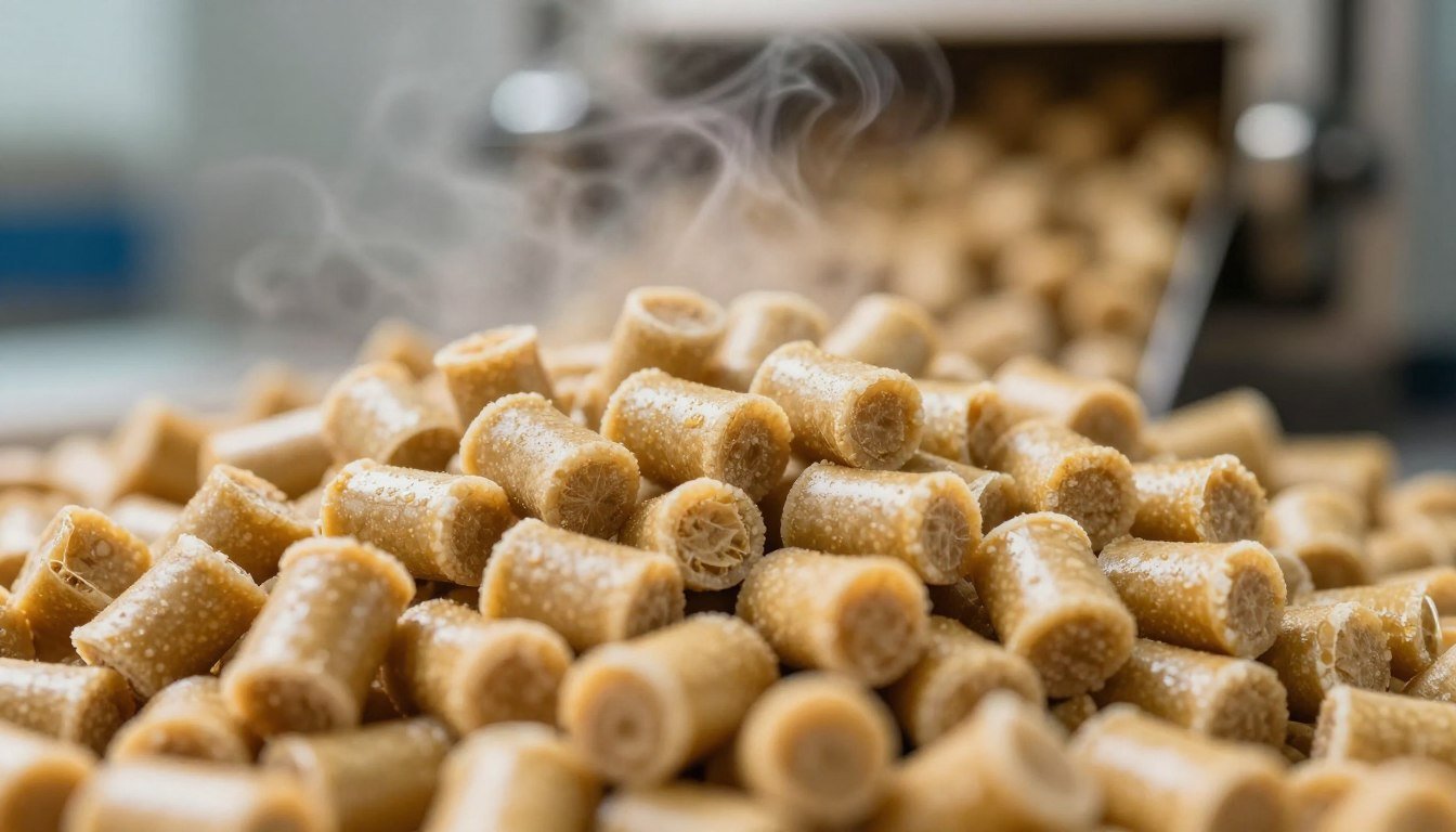 Fresh feed pellets coming out of pellet mill