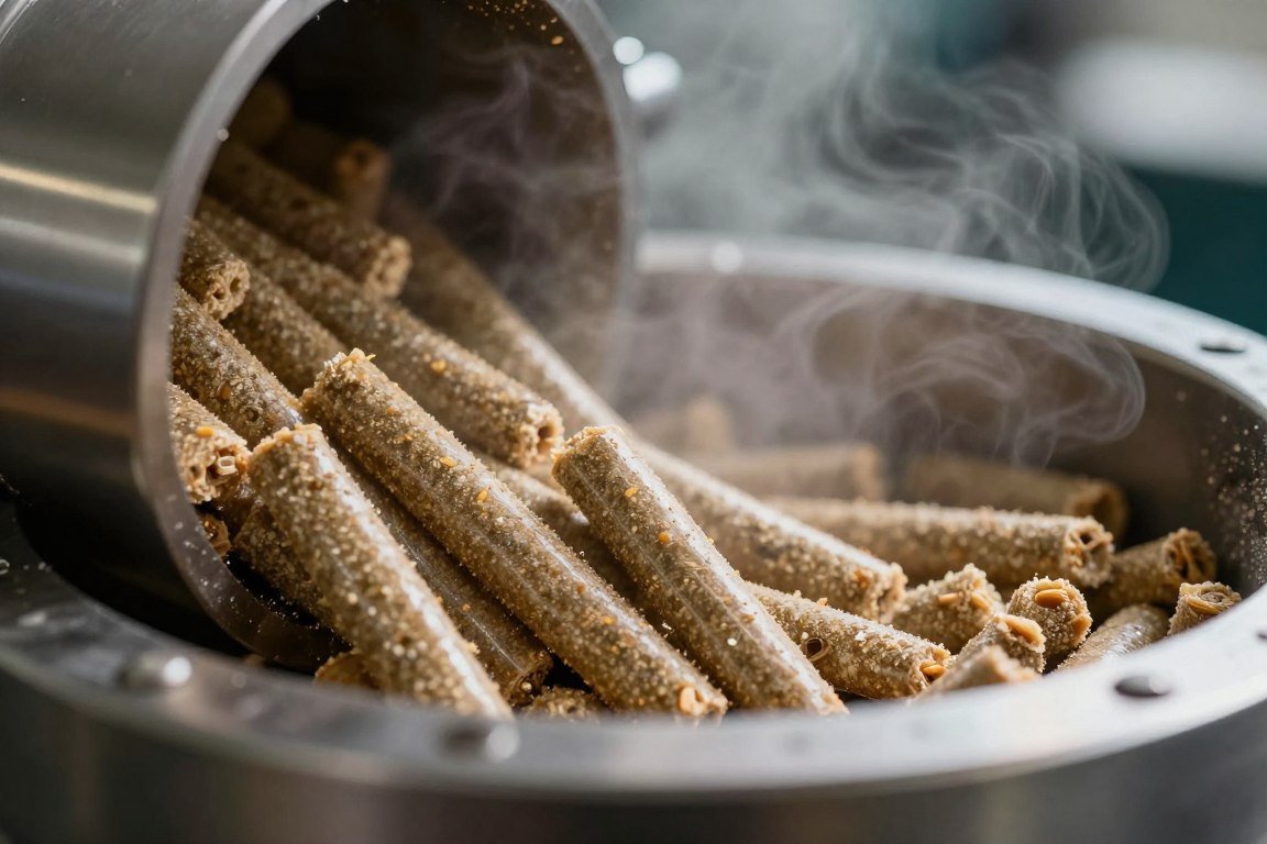 Fresh poultry feed pellets emerging from pellet mill die Fresh poultry feed pellets emerging from pellet mill die