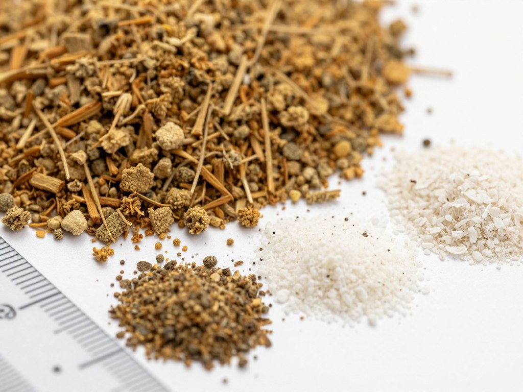 Ground feed materials with different particle sizes Ground feed materials with different particle sizes