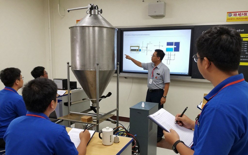 Hands-on operator training session for aqua feed production line