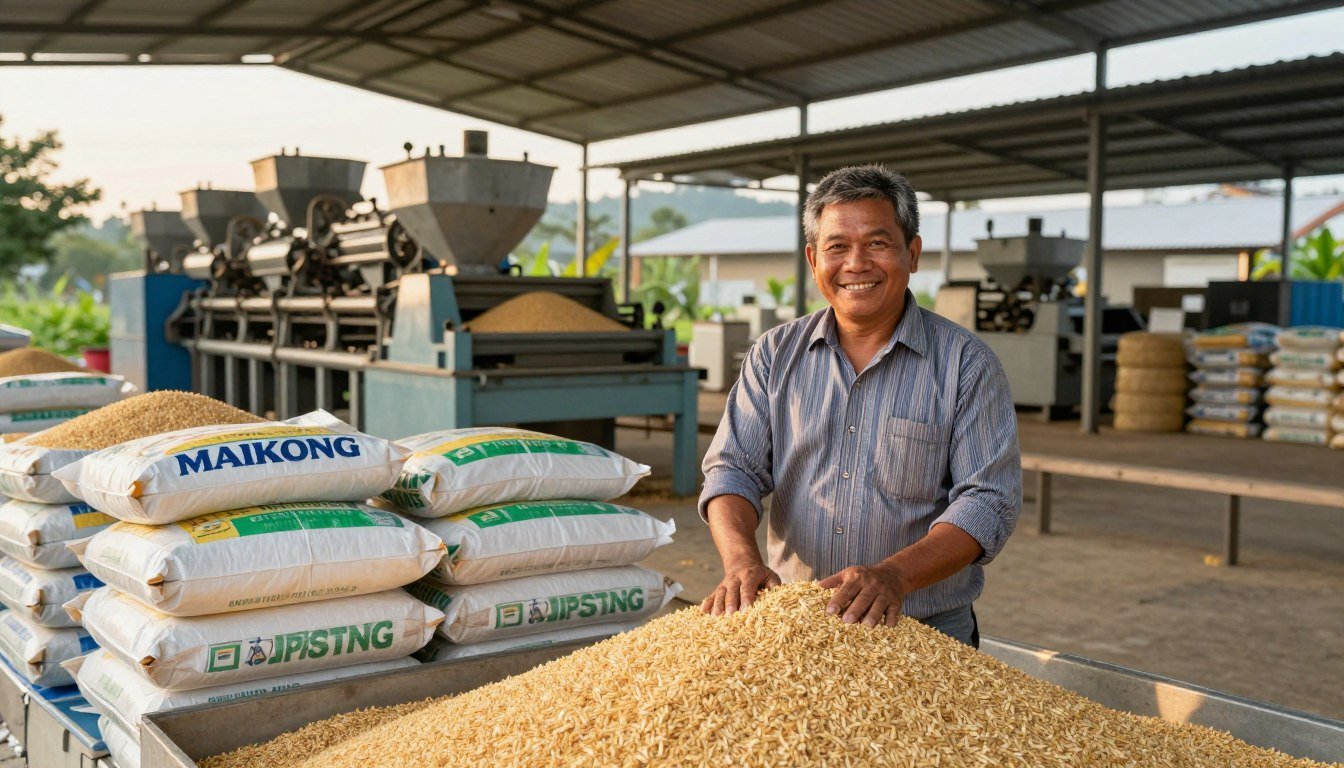 Happy Filipino farmer with successful feed production operation