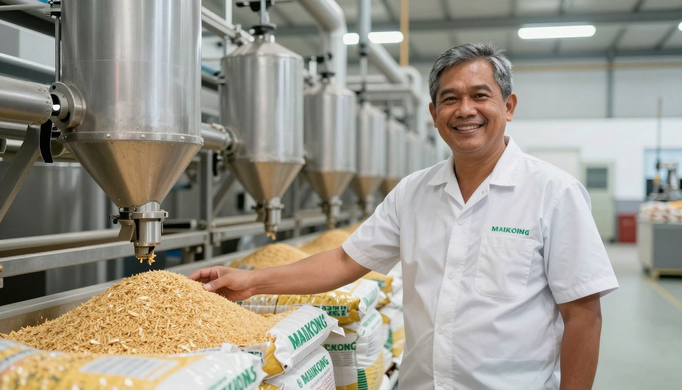 Happy Philippine farmer with successful feed production operation