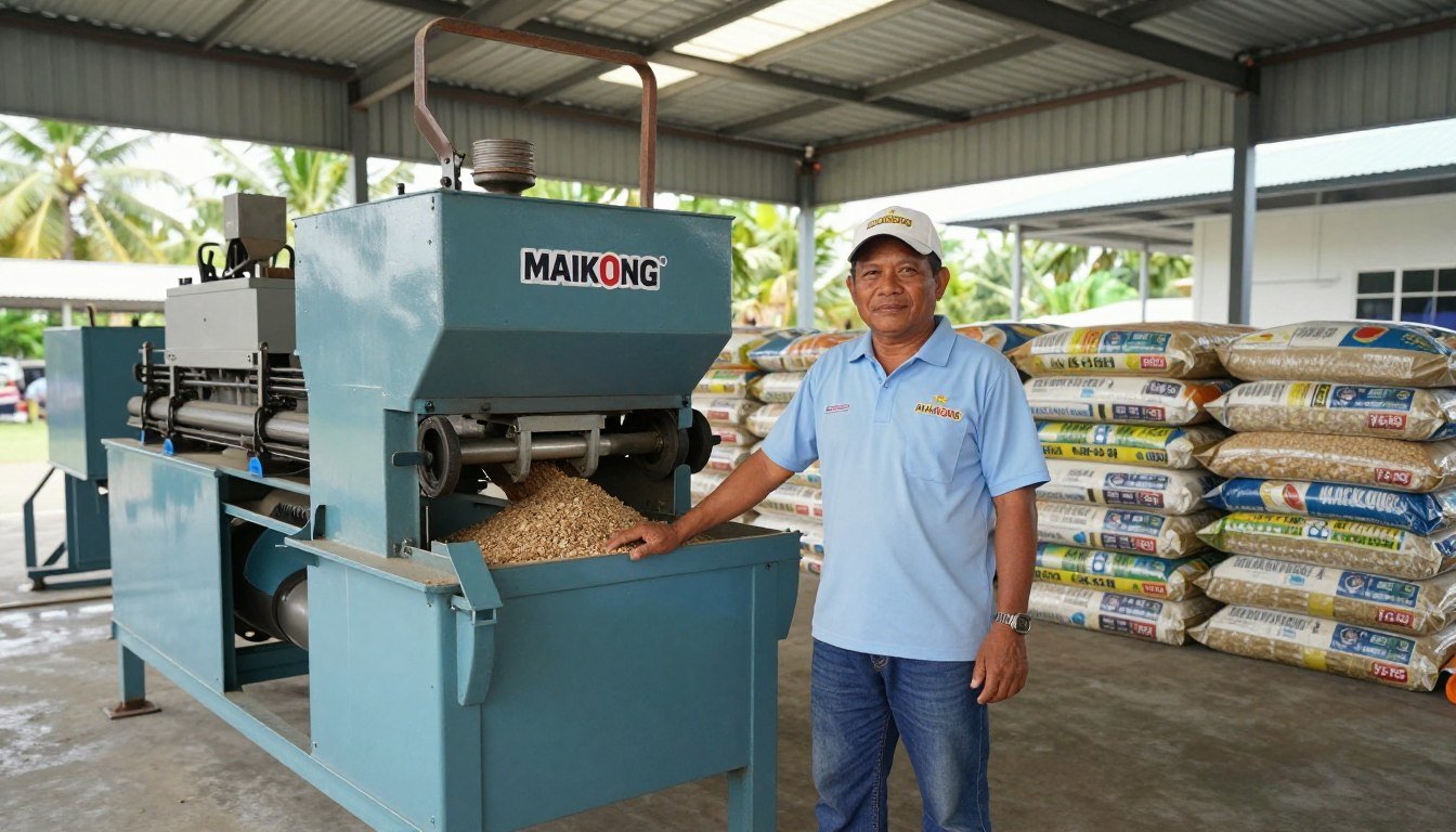 Happy Philippine fish farm owner standing beside MAIKONG pellet machine with bags of finished feed