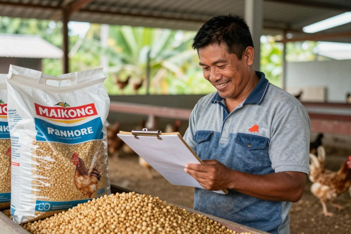 Happy poultry farmer reviewing production records next to chicken feed pellets