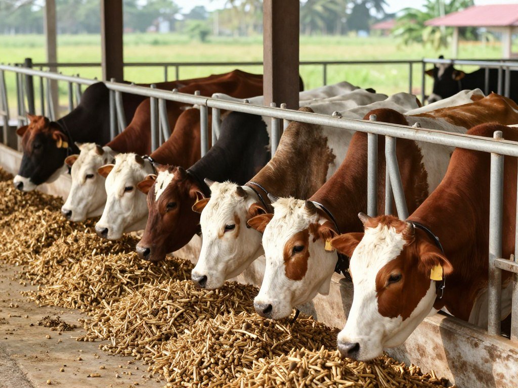 Healthy cattle feeding on pelletized feed in Philippines farm