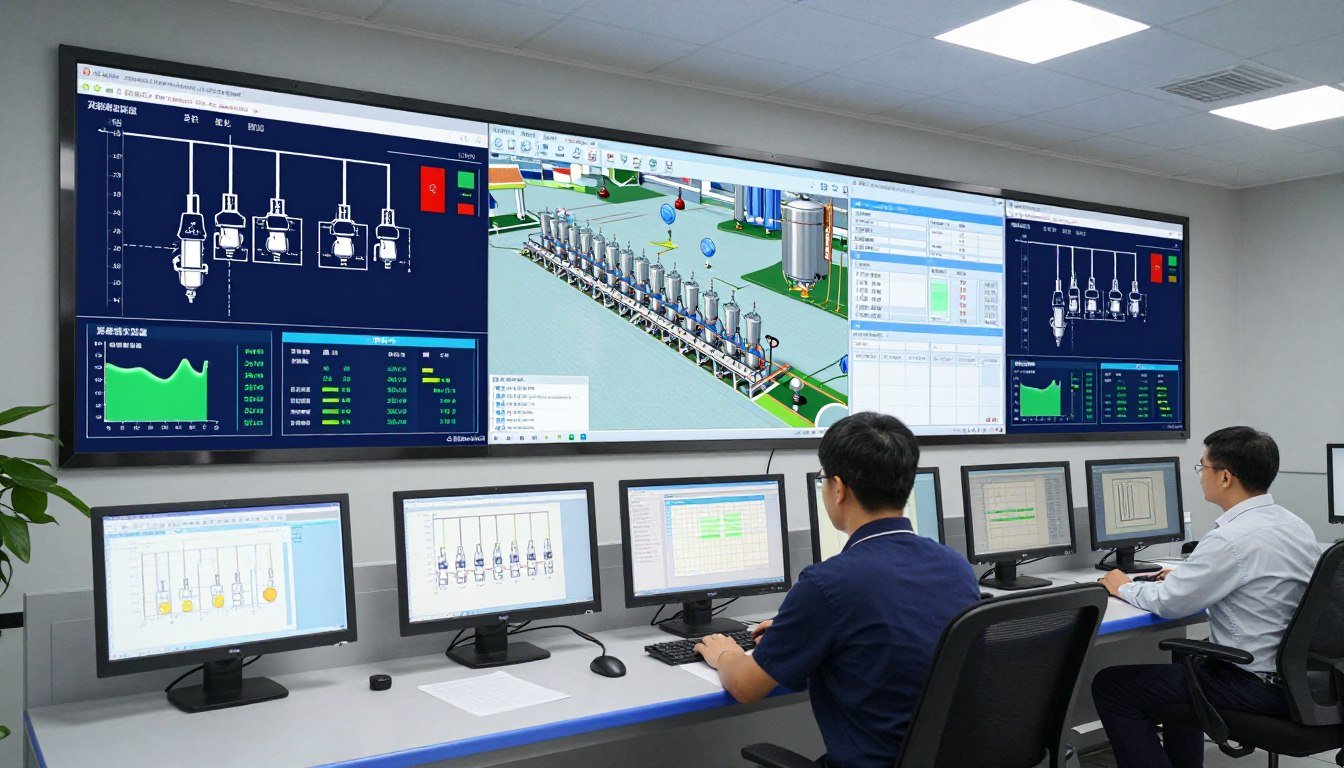 Industrial control room with multiple monitors displaying feed production line status Industrial control room with multiple monitors displaying feed production line status