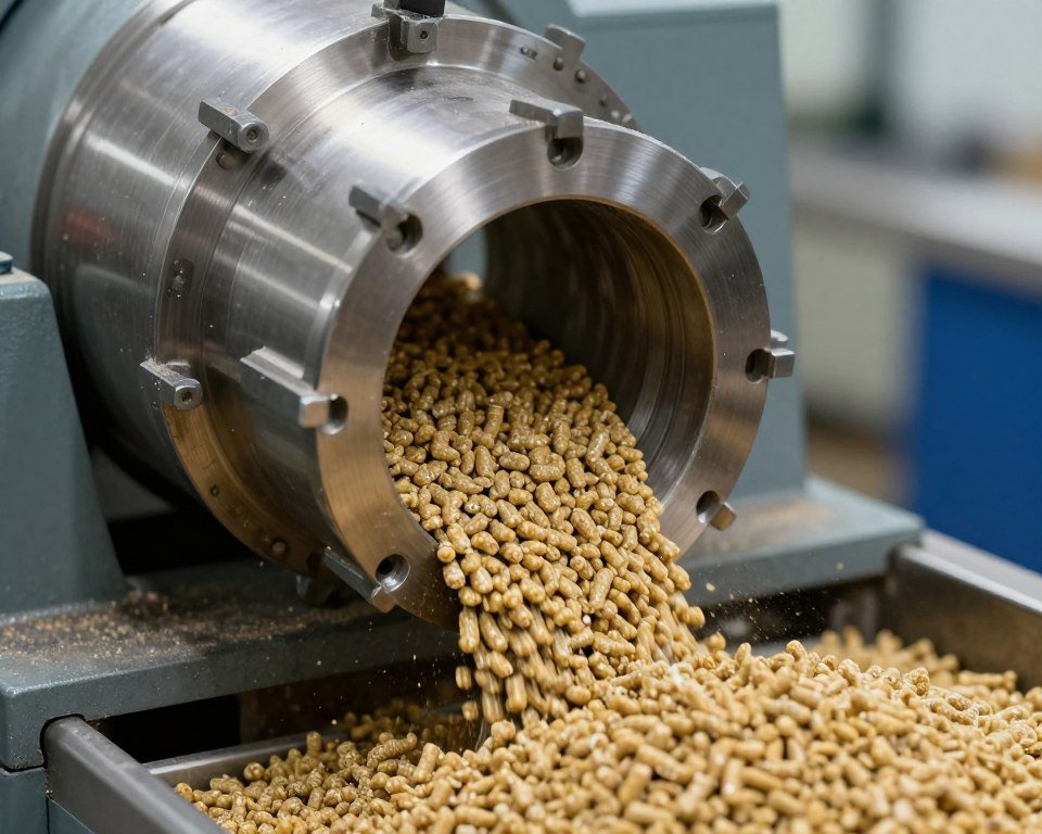 Industrial pellet mill machine processing chicken feed with visible pellets being formed