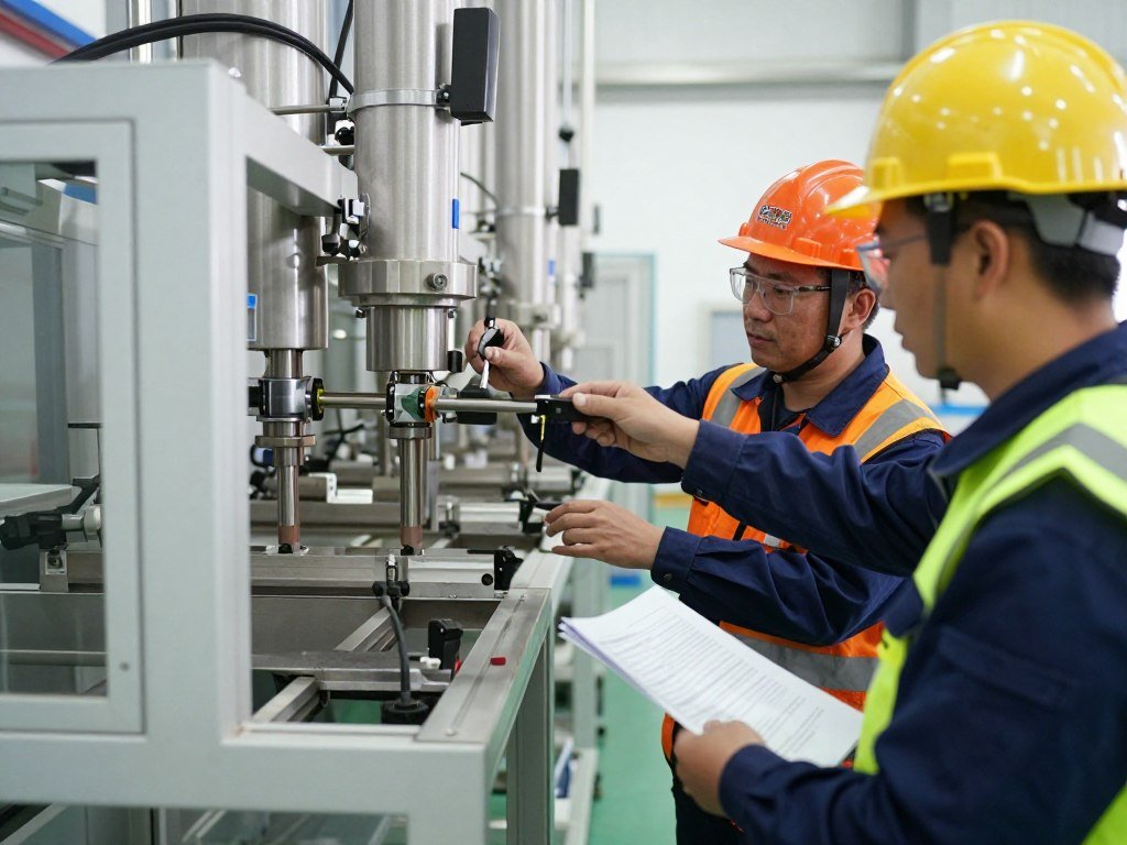 Installation technicians working on feed mill equipment Installation technicians working on feed mill equipment