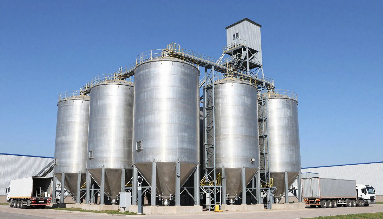 Large grain storage silos and receiving system at a feed mill facility Large grain storage silos and receiving system at a feed mill facility