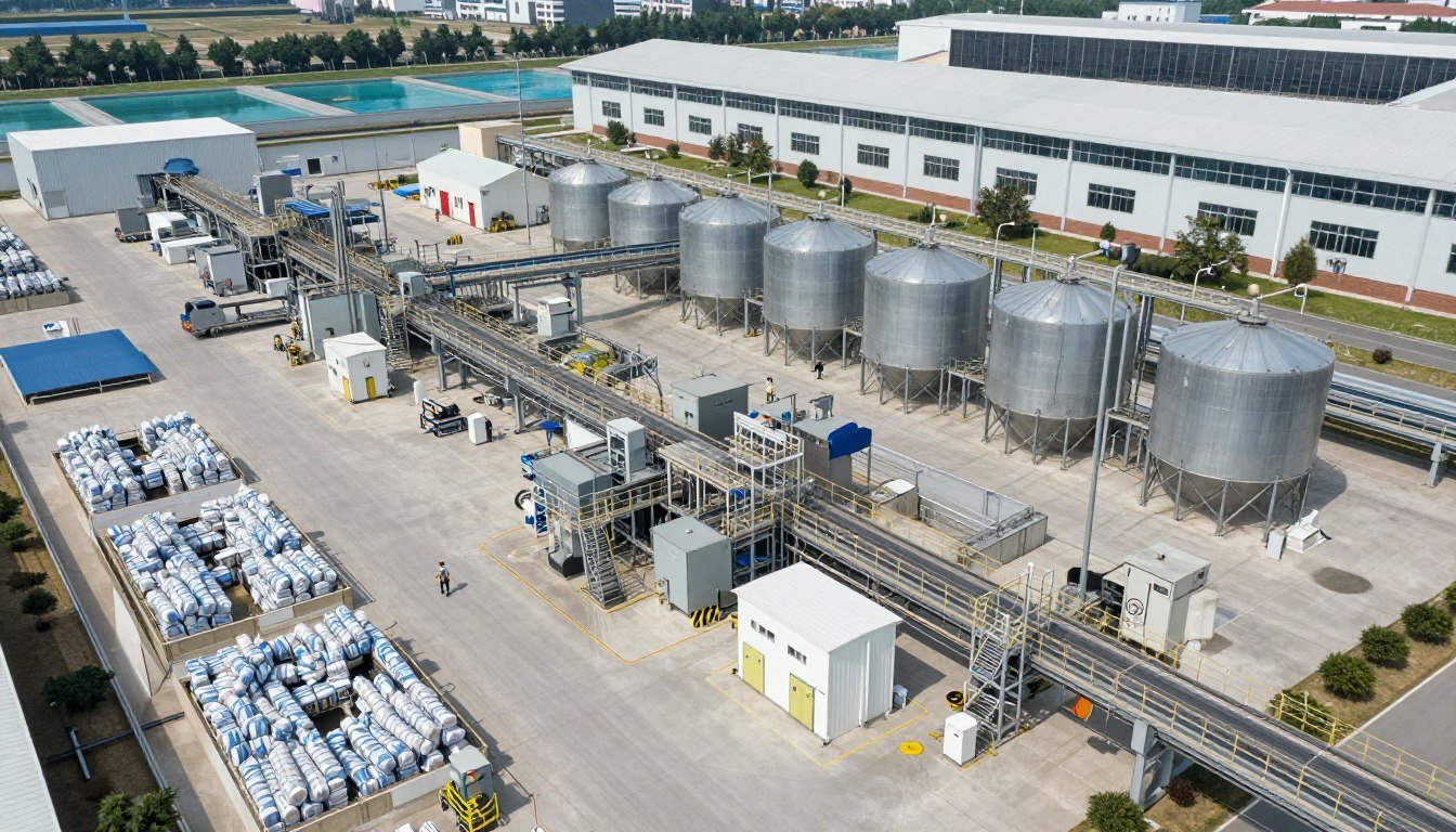 Large industrial scale aquatic feed production facility