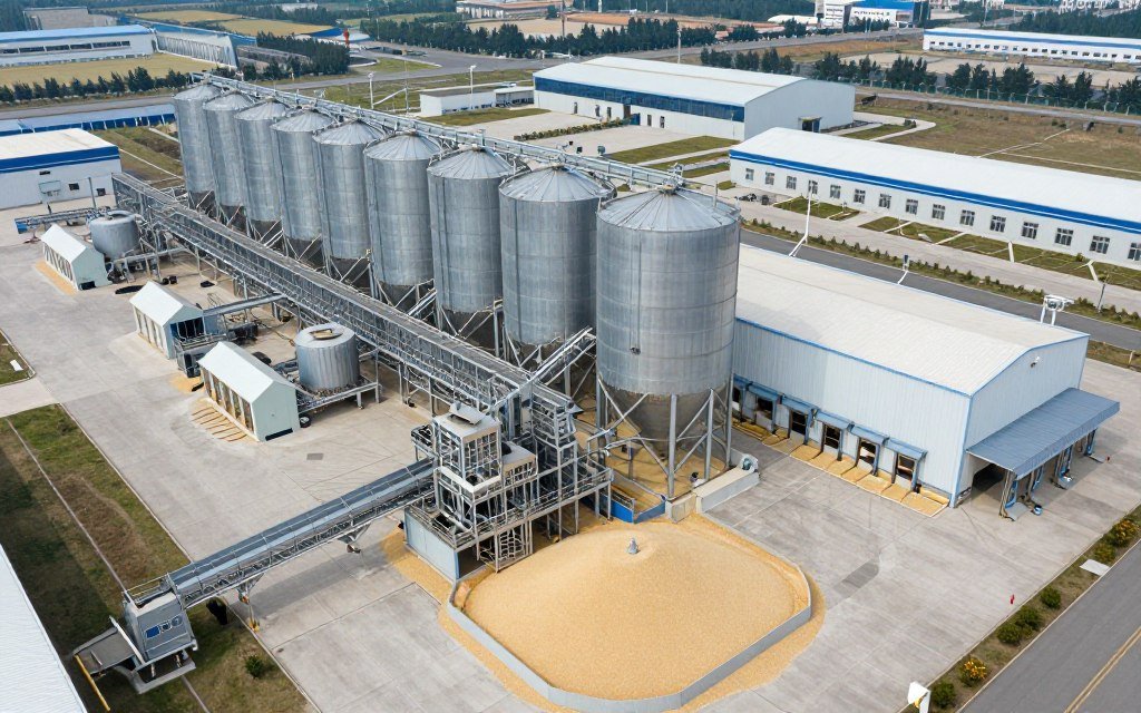 Large-scale commercial chicken feed production facility with multiple production lines