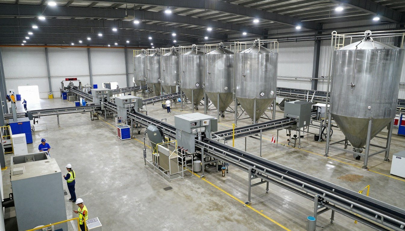 Large scale fish feed production facility with multiple production lines