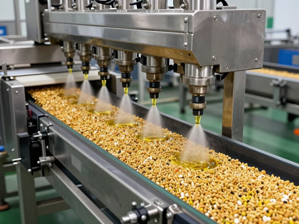 Liquid addition system spraying oil onto feed pellets