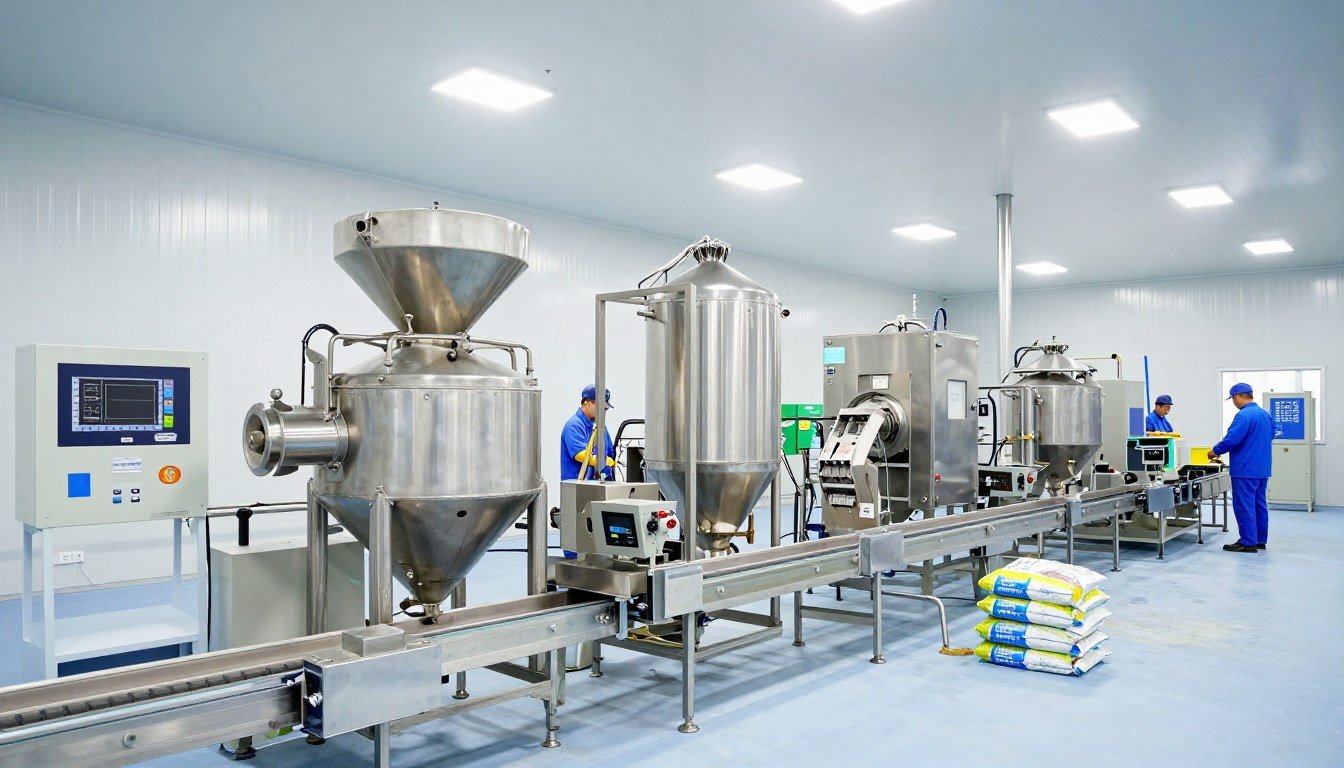 MAIKONG aqua feed production line MK-002 complete system overview showing integrated machinery components in modern factory setting