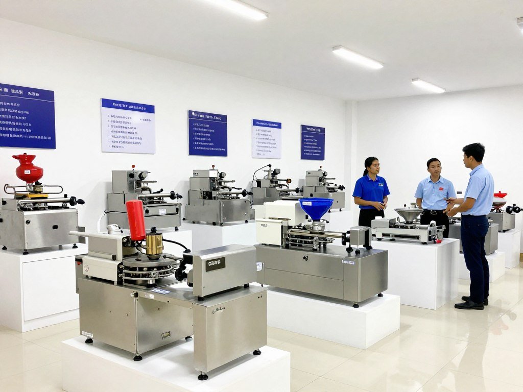 MAIKONG dealer showroom displaying various pellet machines and production equipment