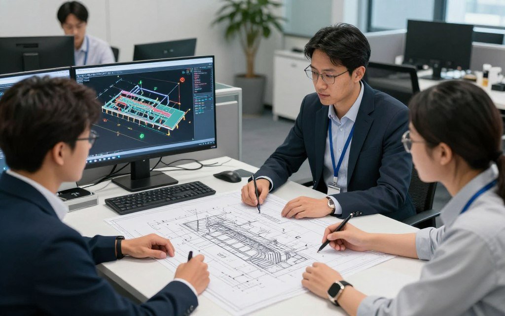 MAIKONG engineering team reviewing custom production line plans