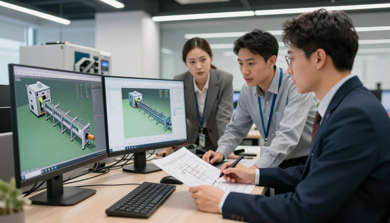 MAIKONG engineering team working on custom production line design with technical drawings