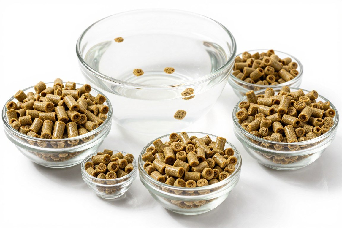 MAIKONG fish feed pellets in various sizes displayed in clear containers showing different pellet diameters