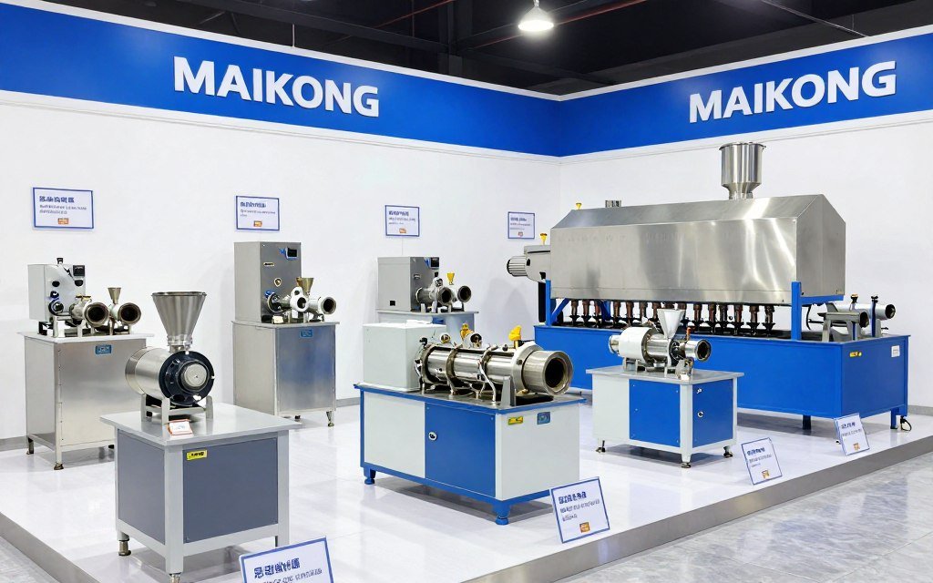 MAIKONG product range display showing various feed pellet machines and production equipment