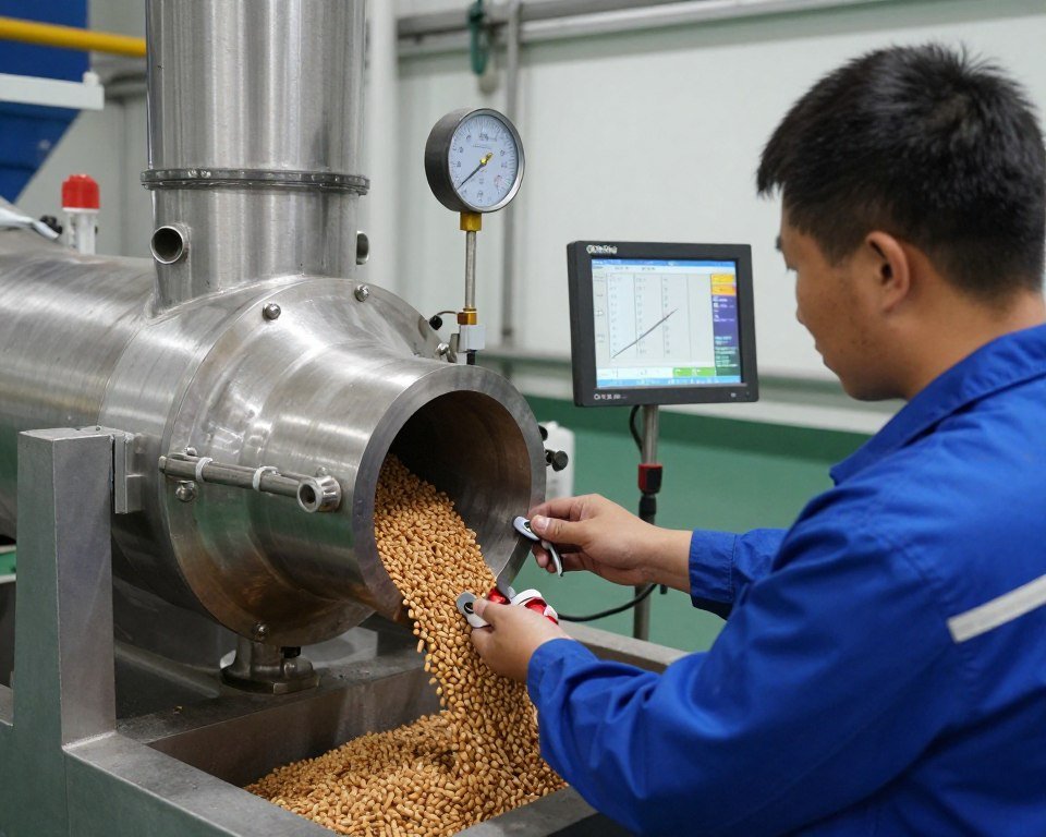 MAIKONG technician optimizing chicken feed production line efficiency