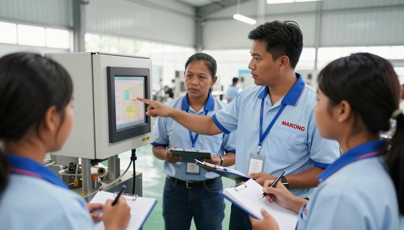 MAIKONG technician training Philippine fish farm workers on feed production equipment