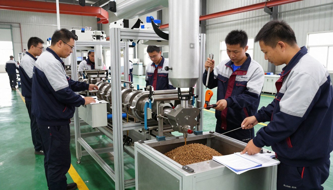 MAIKONG technicians installing feed production line equipment