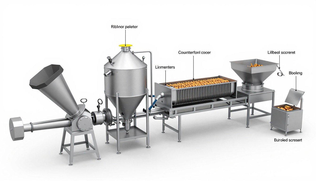 Main components of cattle feed pellet production line labeled diagram