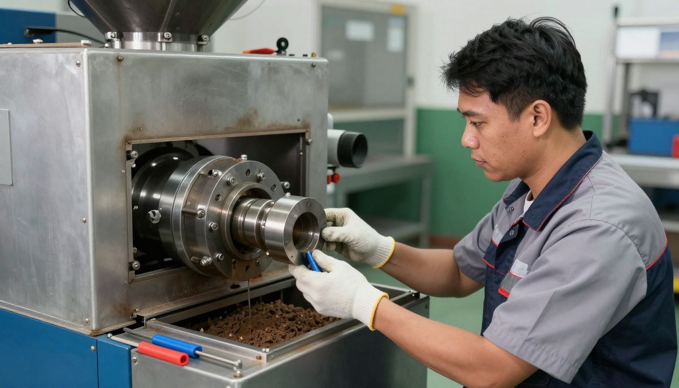 Maintenance technician performing routine service on pellet machine