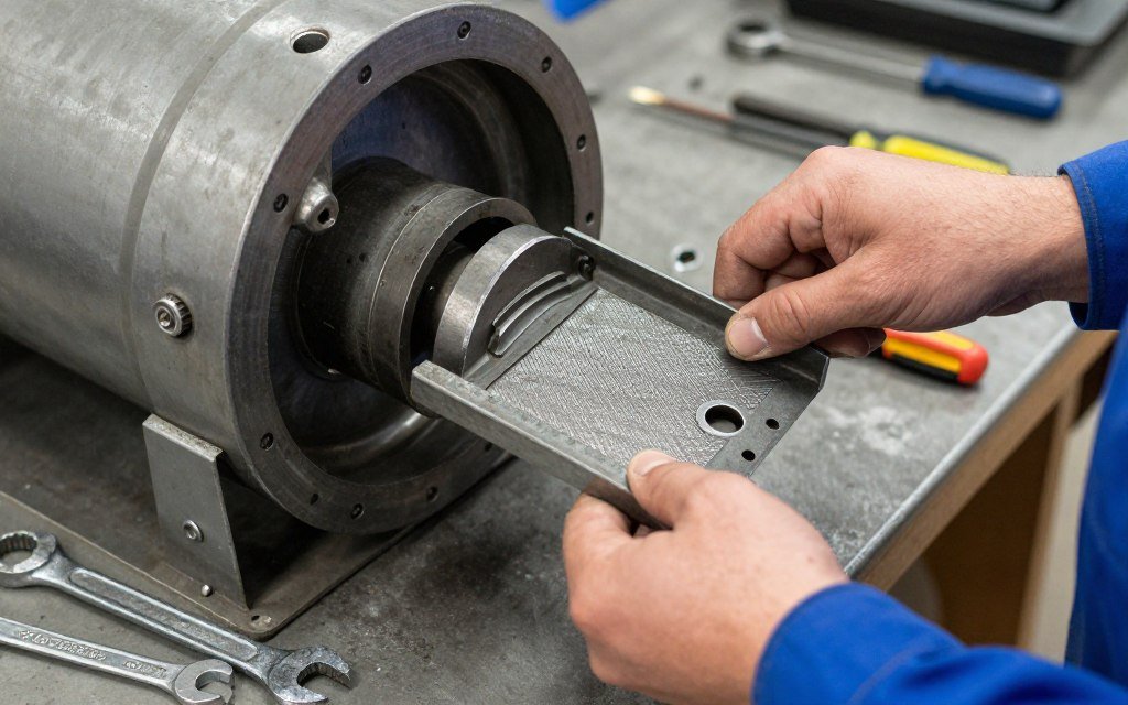 Maintenance technician replacing worn crusher screen in feed production equipment
