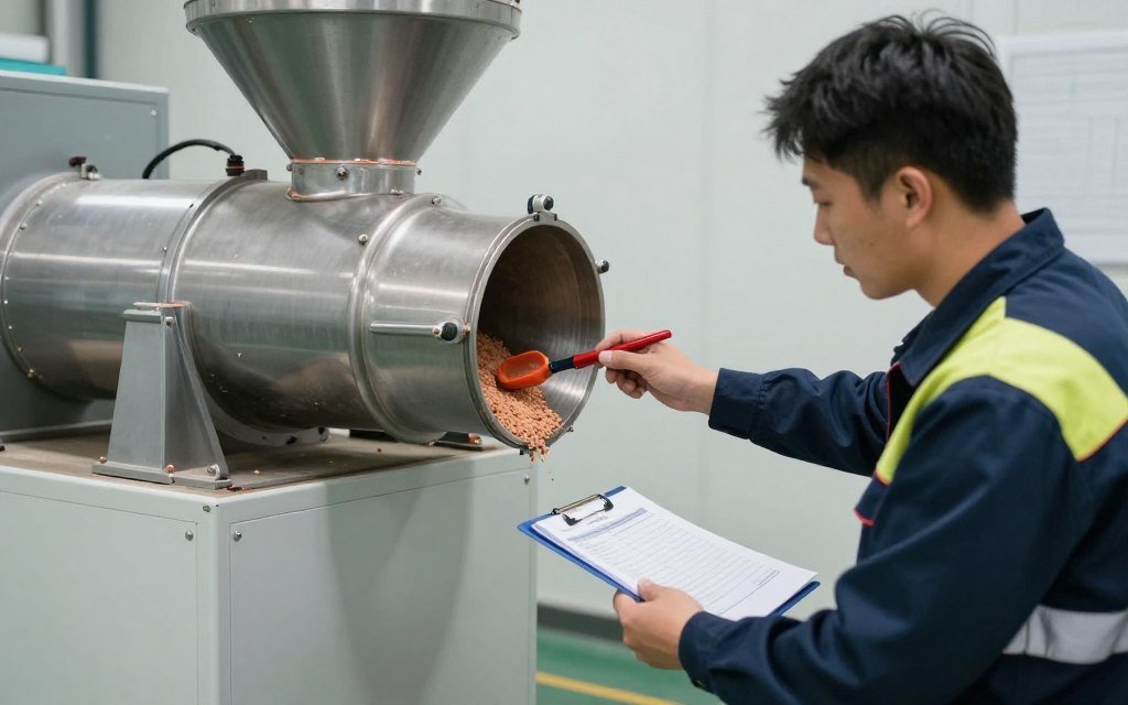 Maintenance technician servicing pellet mill equipment